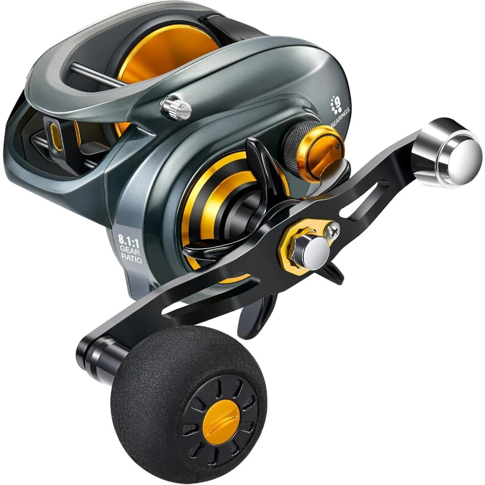 

Fishing Reel, 38Lbs Max Drag Aluminum Alloy Frame, Available in 6.6:1/8.1:1 Gear Ratio, Low Profile Casting Reel