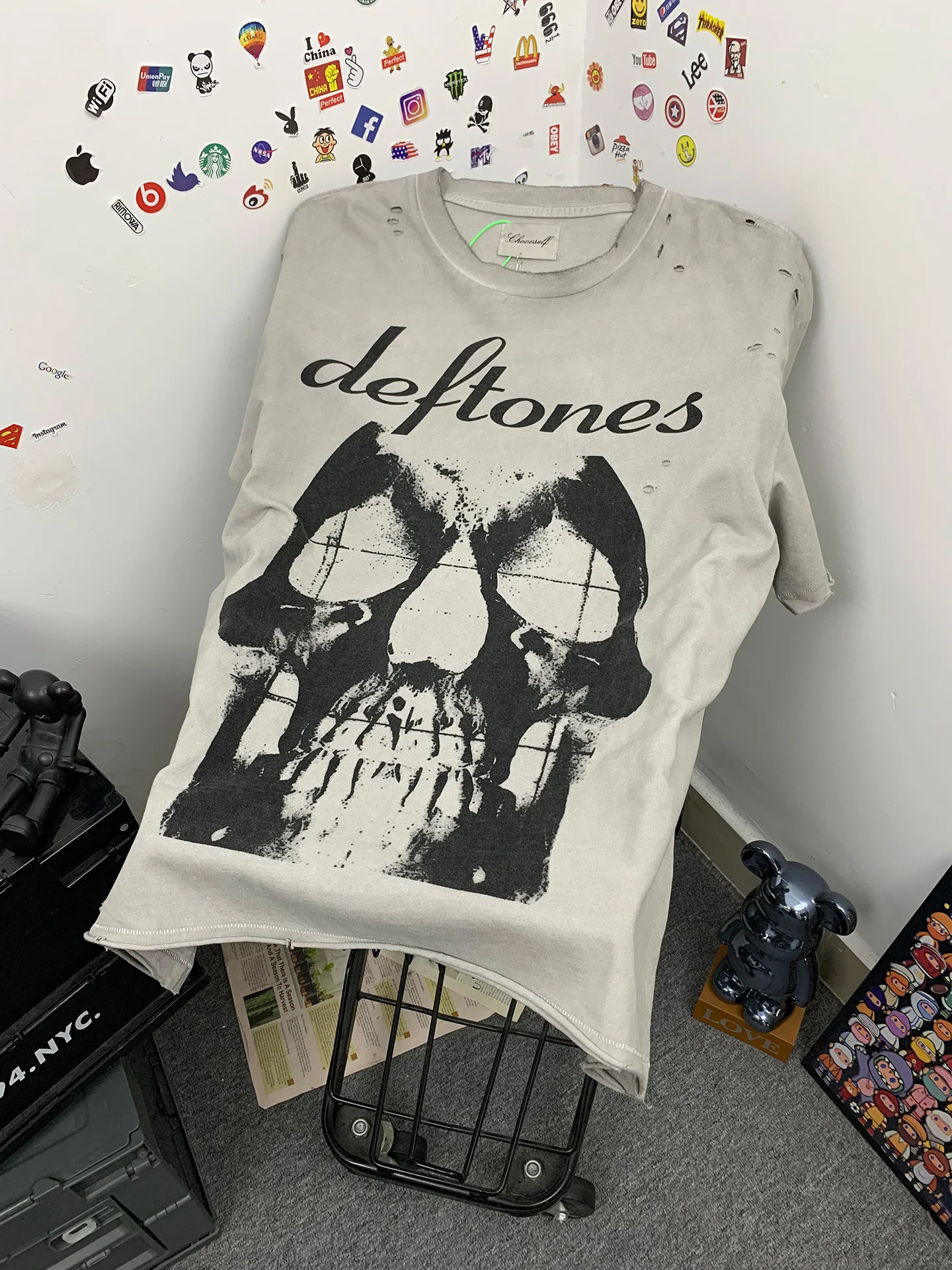 

Retro Deftones Skull Print Washed Distressed Short Sleeve Loose Men's T-Shirt Trendy Casual Cotton Breathable Summer Top