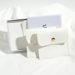 5Pcs White PU Leather Gold Button Snap Bags Wedding Jewelry Ring Earring Necklace Party Candy Cosmetic Packaging Storage Pouches