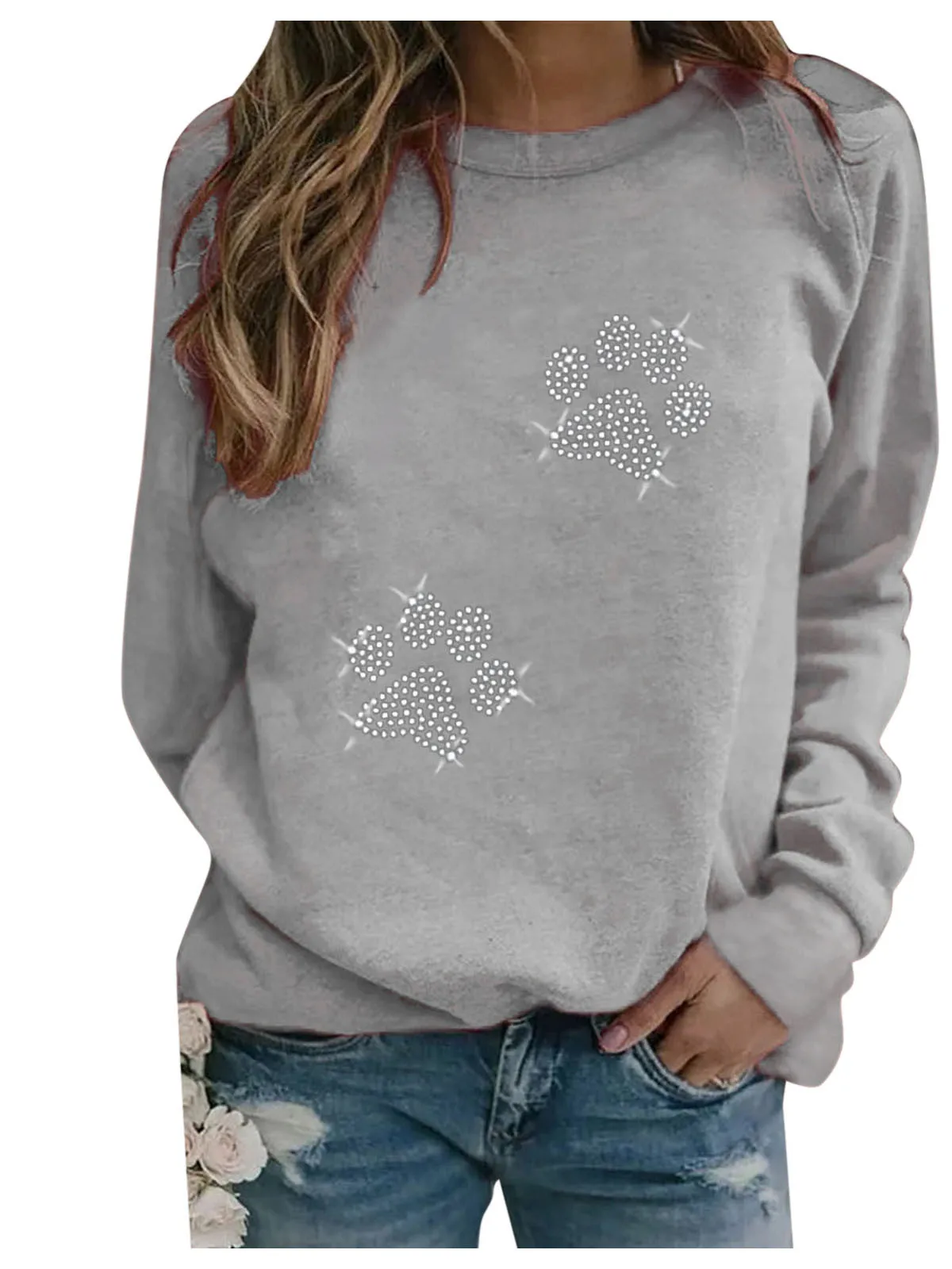 سويت شيرت نسائي غير رسمي مطبوع برقبة دائرية، تصميم شارع، أكمام طويلة، قصة فضفاضة، مزيج من الألياف، سمك متوسط، موضة الخريف