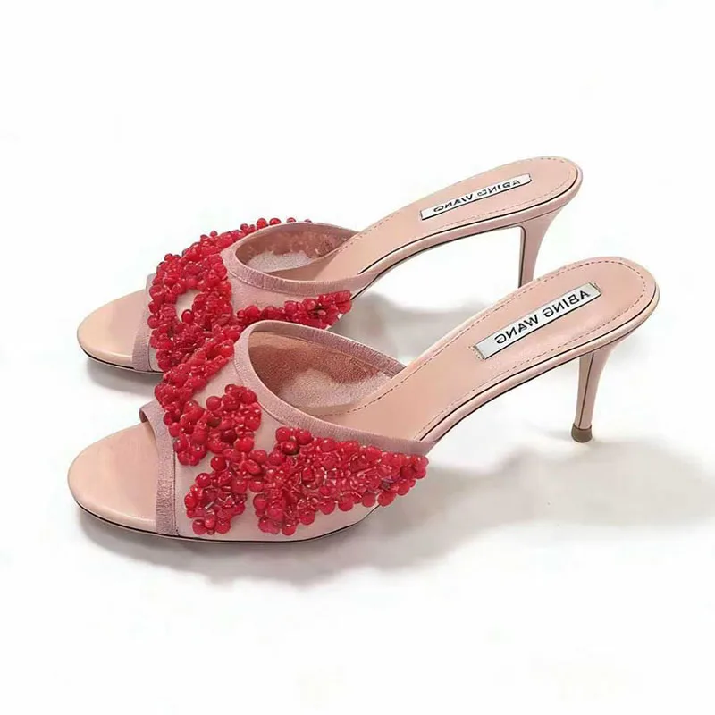 Slippers Women Peep Toe Slippers Thin High Heels Mesh Bling String Bead Decor Lazy Sandals Ladies Summer Party Dress Shoes 2026