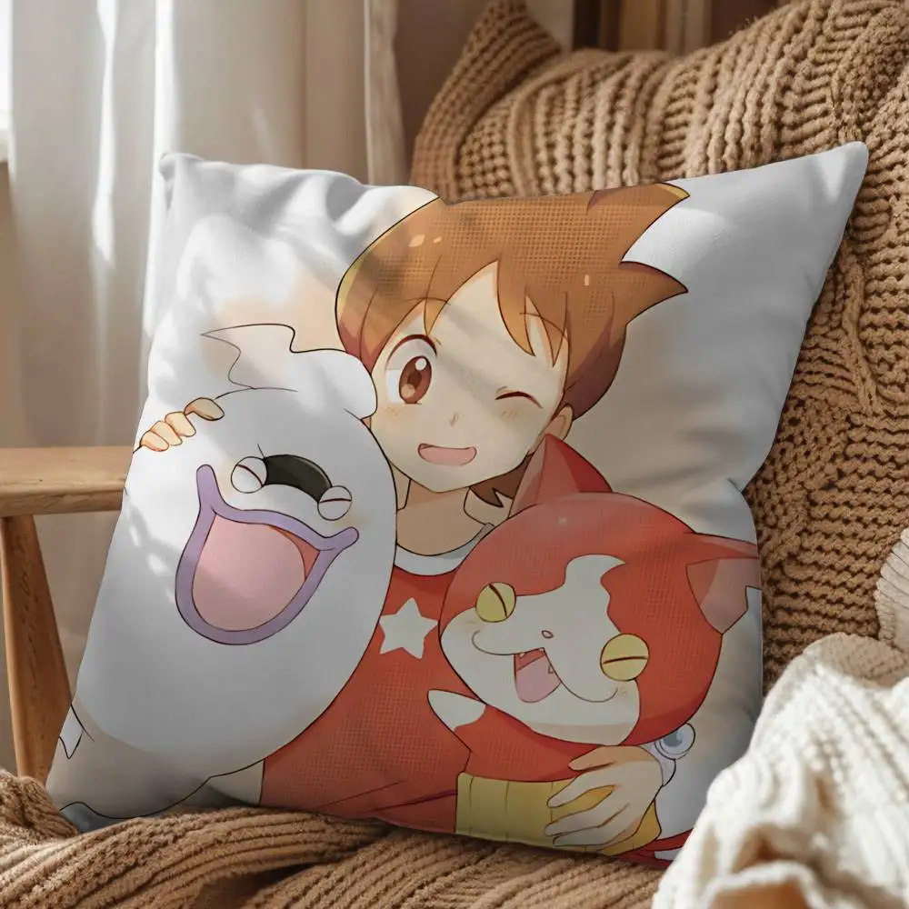 cute Jibanyan Yo-kai Watch Pillow Case Square Double-Sided Printing Short Plush Sofa Cushion Cover Bedroom Bedside Pillow