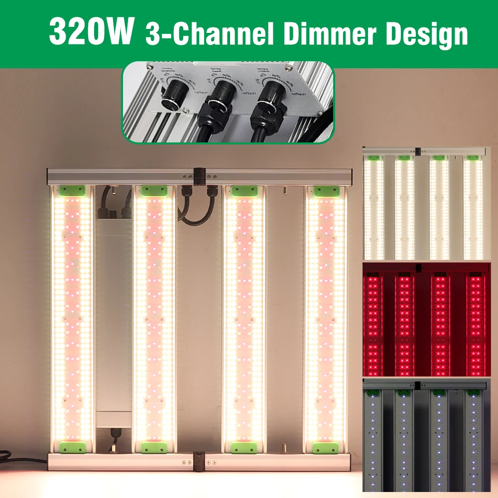 مصباح LED قابل للطي عالي الطاقة ، الطيف الكامل ، ضوء زراعة النبات ، تصميم باهتة 3 قنوات ، رقائق LM301H و ORSAM ، 320 واط