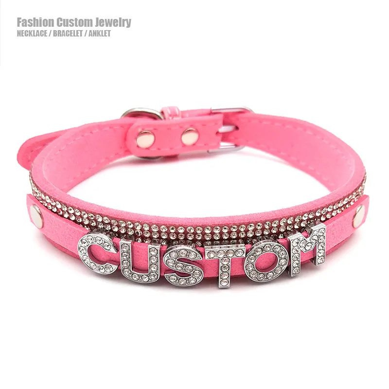 Pink Soft Microfiber Leather Diamante Rhinestone Letters Custom Collar Choker Necklace Women Men Sexy Customized Name Jewelry