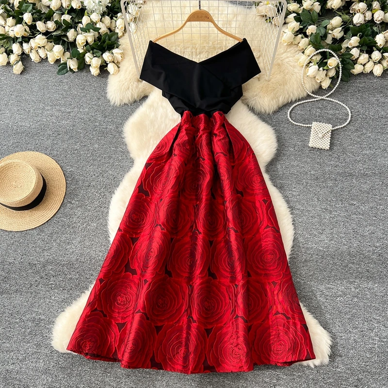 

French Style Dress for Women 2025 New Style High-End One Shoulder Splicing Waist Cinching Jacquard Large Swing Fluffy Dress