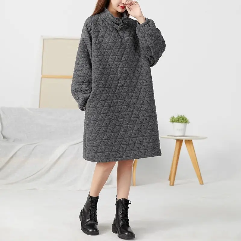 Women's Warm Dress Literature Casual Stand Up Collar Solid Color Thickened Autumn Winter Retro Mid Length Quilted Dress z3865