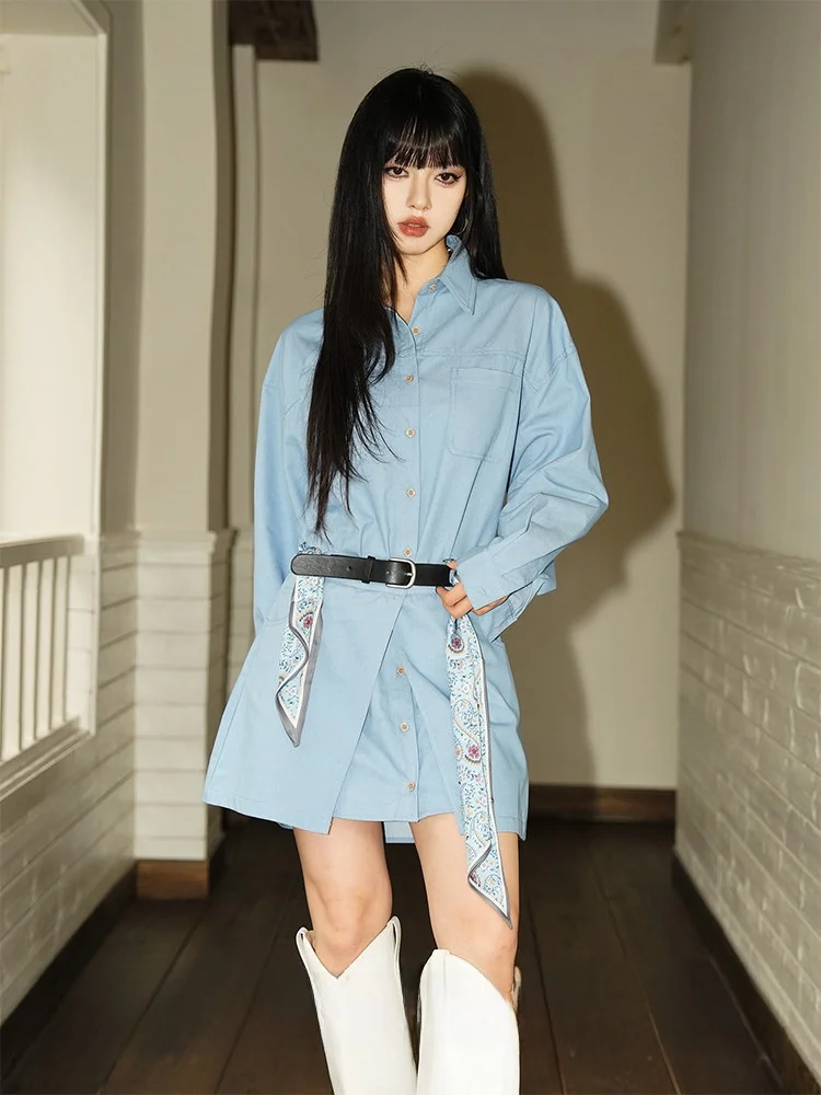 

Blue Long Sleeve Collar Shirt And High Waist Short Skirt Women's Spring Fashion Korean Style Two-Piece Set Bodycon Dress