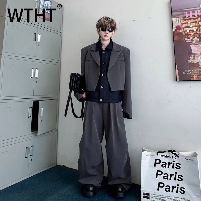 WTHT Fashion Men's Suit Spliced Contrast Color Fake Two-pieve Blazer Coat High-waisted Staright Pant Set Male 2025 Autumn 2A1865