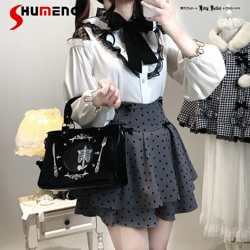 2025 Autumn Winter New Japanese Rojita Sweet Cute Long Sleeves Shirt SC Y2K Lace Off Shoulder Single-breasted Blusas De Mujer