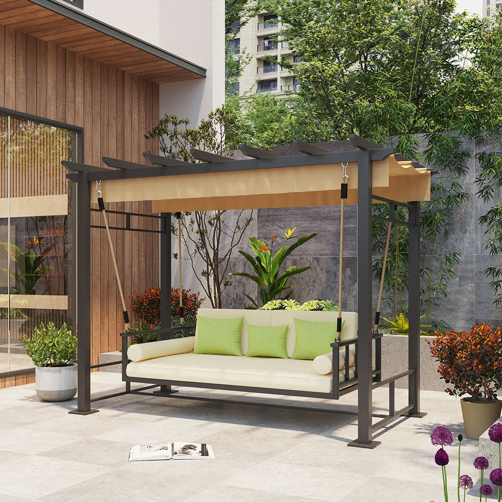 *Y- Mediterranean Luxury Aluminum Porch Swing with Stand and Canopy, Heavy-Duty Outdoor Patio Villa Backyard Swing Sofa