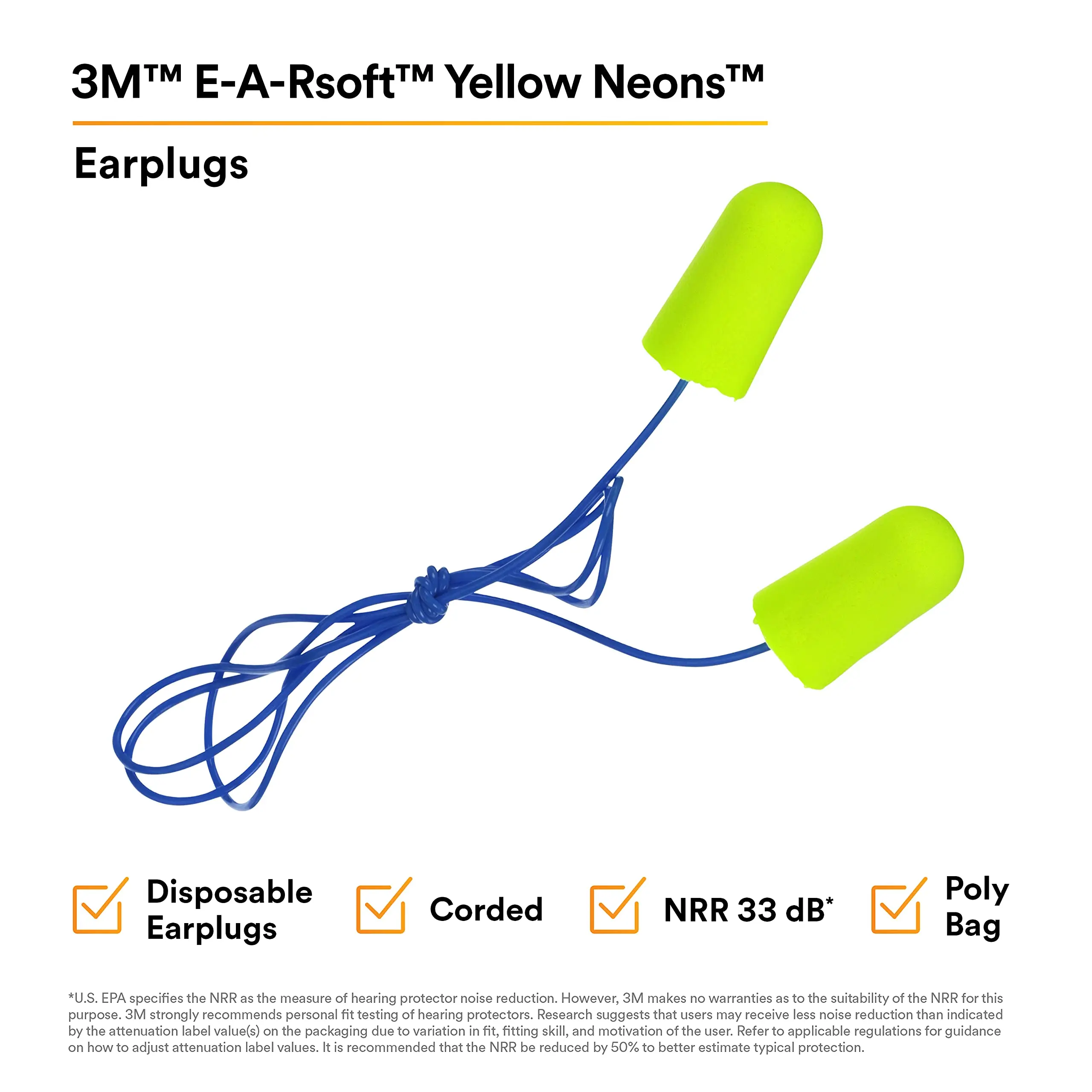 200pairs 3M 311-1250 Corded Noise Reduction Earplugs 33dB Comfortable Ear Plugs learning sleep Work Travel Hunting Foam Earplug