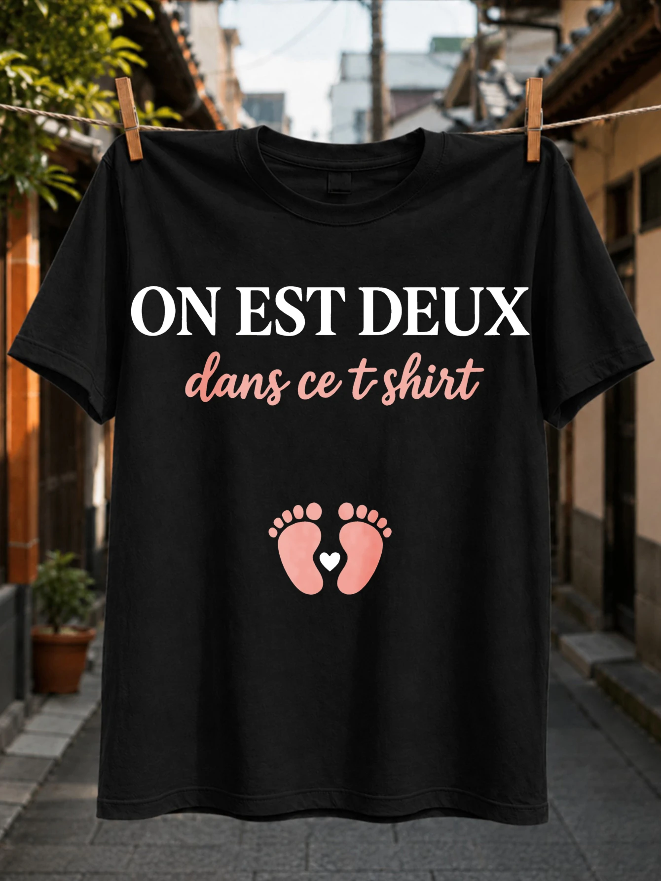 On Est Deux Dans CeFrench Pregnancy Reveal Tee Pink Baby Footprints and Heart Sweet Couple Graphic  Unisex All T-Shirt