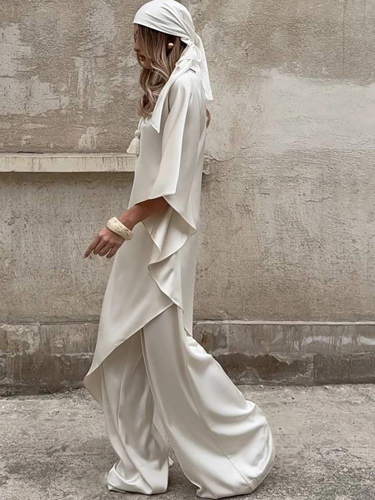 JULISSA MO 새틴 불규칙한 터틀넥 여성 미디 드레스 화이트 망토 슬리브 하이 웨이스트 드레스 여성 가을 ​​슬림 우아한 streetwear