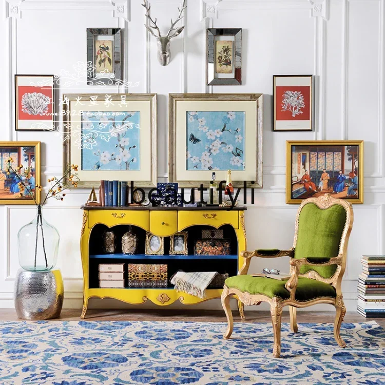 European neoclassical solid wood carving flower sofa chair American country, studio image reception chair9344