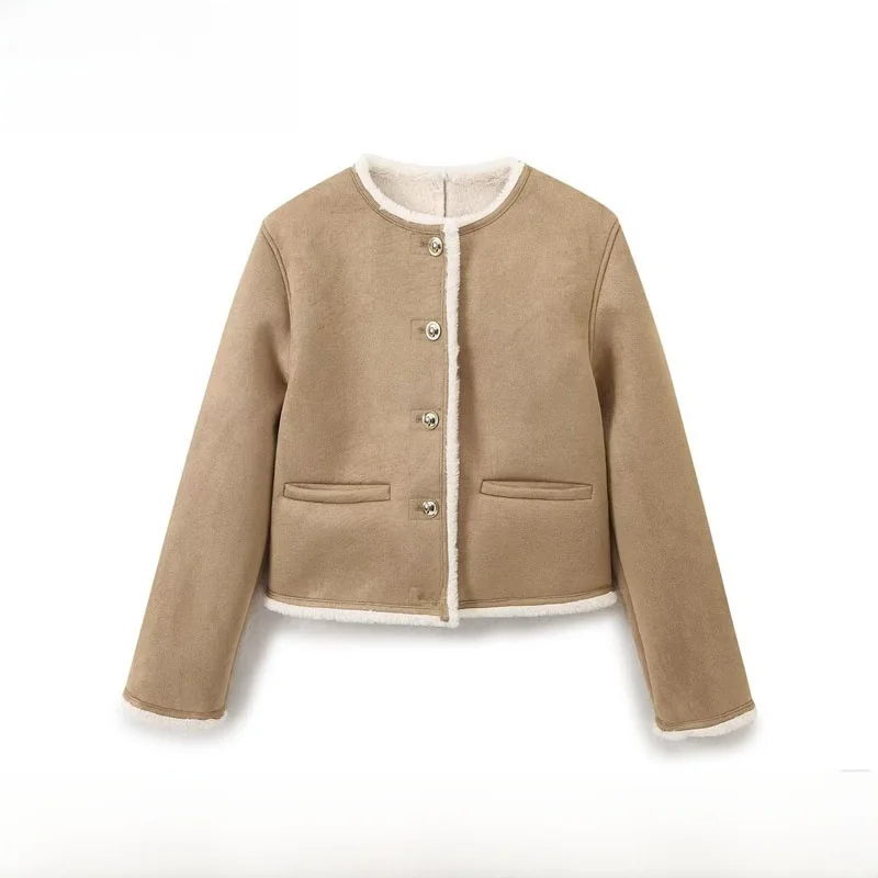 Faionable Double-Sided Jaet Coat with Golden Buttons Autumn Winter New Arrival Women's Loose Fit Polyester Fiber round Ne