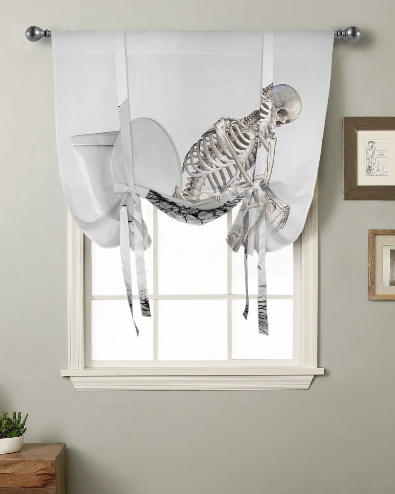 Abstract Funny Toilet Skeleton Contemplation Kitchen Short Window Curtain Modern Home Decor Small Window Roman Tie Up Curtains