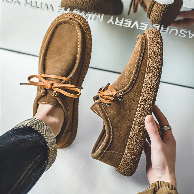 

Man Shoes Fashion Outdoor Casual Shoes Retro Suede Leather Loafers Soft Sole Comfort Driving Shoes for Men Lace Up Walking Flats