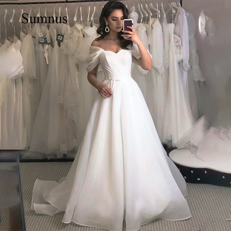 

Shiny White Off Shoulder Wedding Dress V-neck Lace Up Bride Gown Elegant A-line Wedding Gowns Vestidos de Novia Custom Bespoke