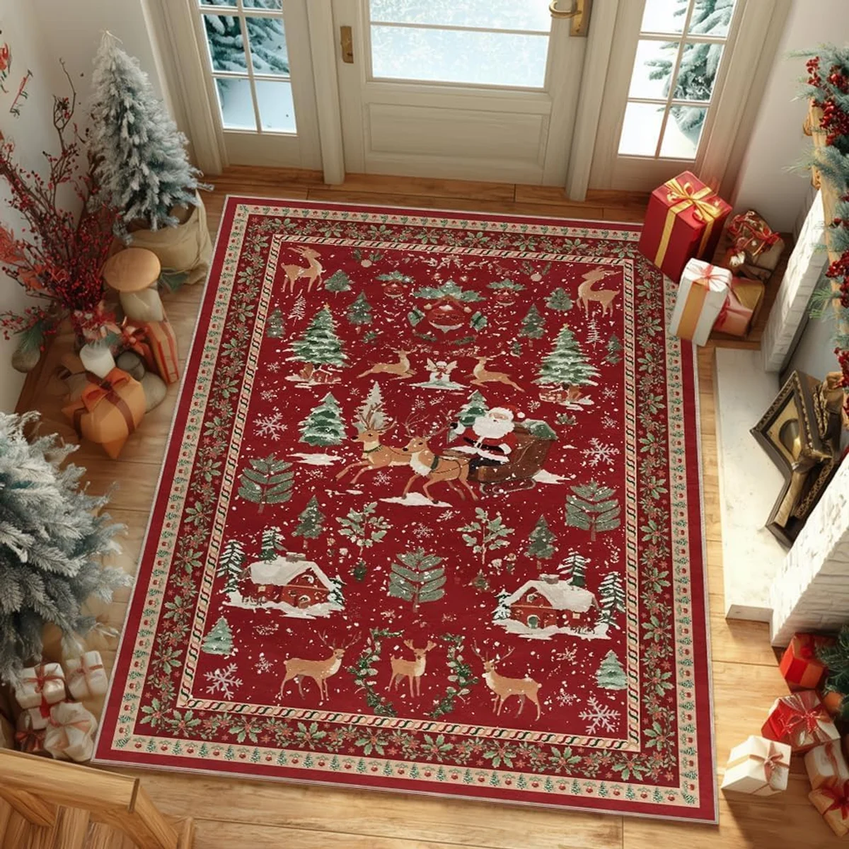 Extra Large 6x9 Christmas Area Rug Red Santa Deer Carpet Washable Low Profile Throw Rug for Farmhouse Home Decor