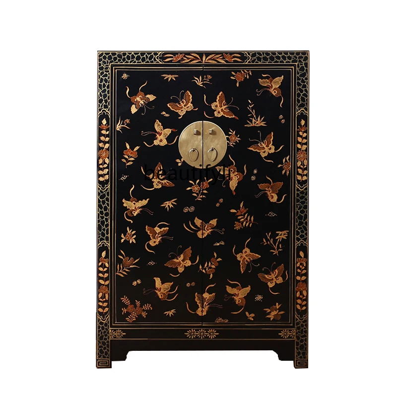 

Chinese-Style Solid Wood Hand-Painted Retro Porch Shoe Cabinet Light Luxury Double-Door Storage Cabinet furniture