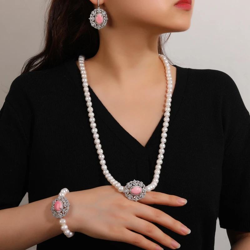 Bellux 925 Silver Luxury Gold Plated High Carbon Diamond White Pearl Pink Queen Shell Necklace Bracelet Earrings Jewelry Set