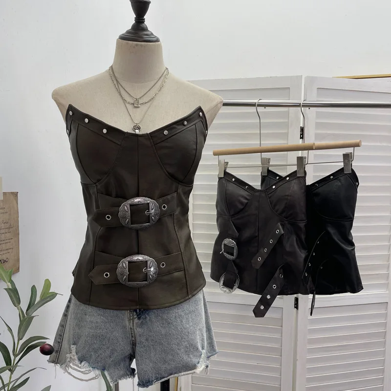 

Y2k Punk Style Slim Fit Chest Wrap Short Pu Leather Tube Top with Chest Pad Sleeveless Top Women