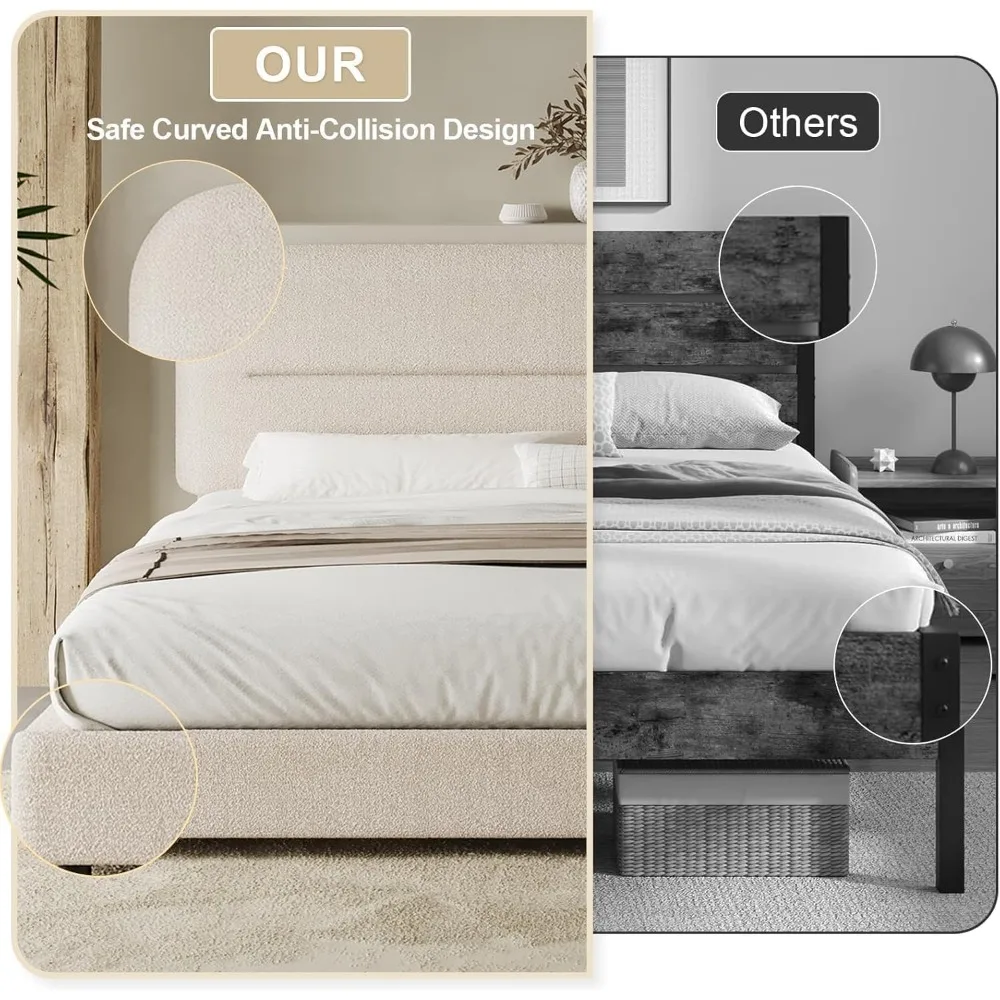 إطار سرير بمنصة منجدة بحجم كوين مع لوح رأسي زاوية مستدير وحشوة ناعمة