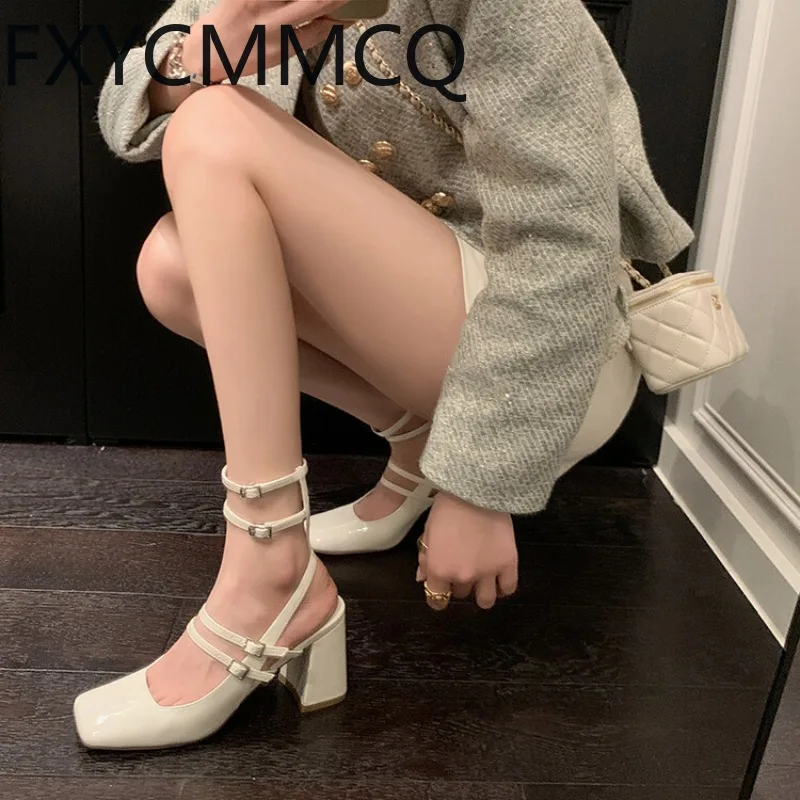 

FXYCMMCQ Spring/Summer Square-toe Block Heel Strap Leather Mary Jane Solid Color Women's Sandals-C2361