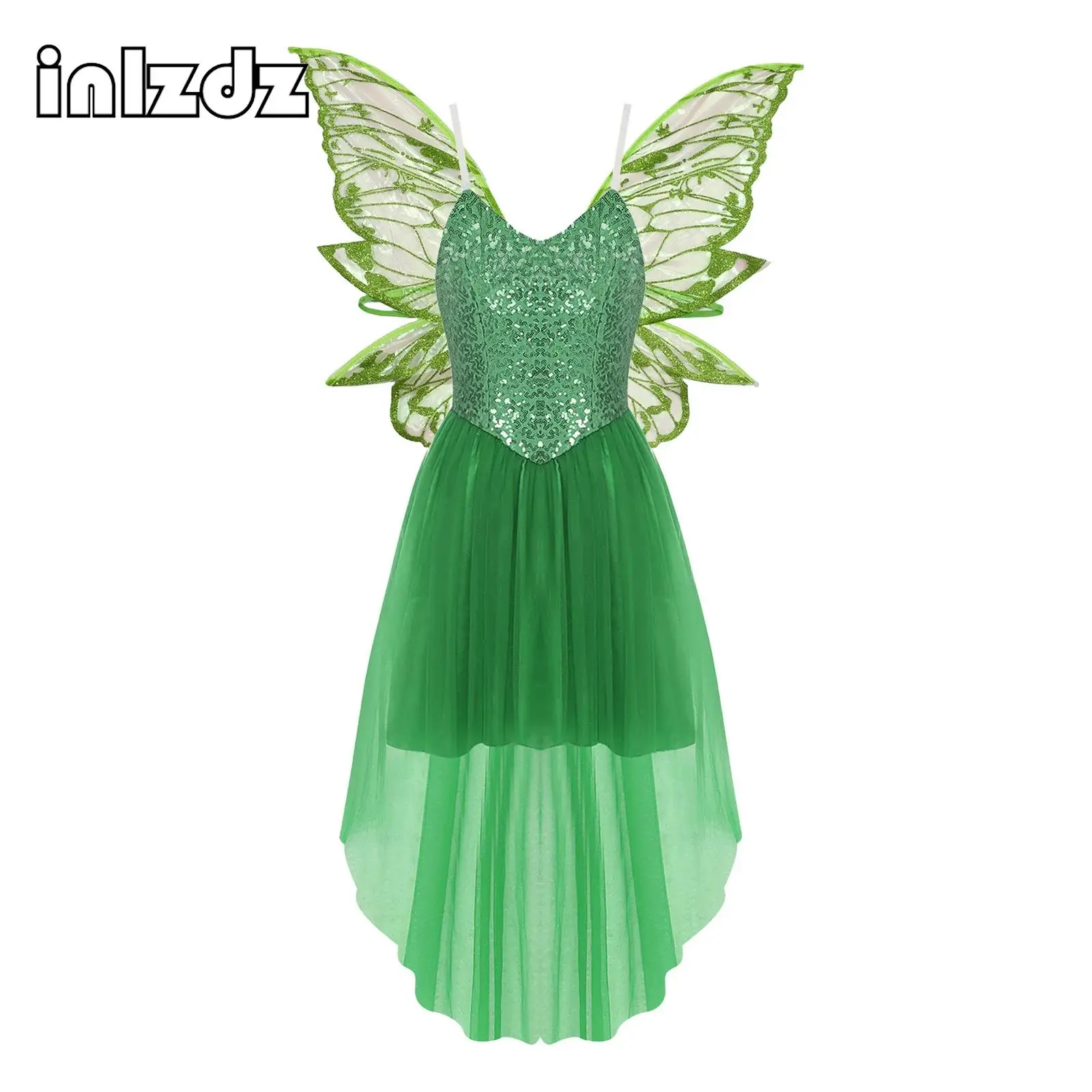 

Womens Forest Fairy Cosplay Costume Sleeveless Sequin Dress with Elf Wings for Halloween Carnival Fancy Dress Up Themed Party