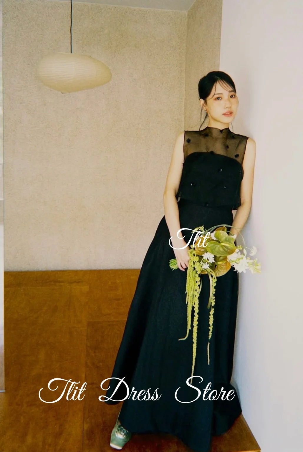 TLIT – robe de soirée élégante en Satin Organza noir, robe de mariée coréenne, séance Photo, col rond, sans manches, robes de bal personnalisées