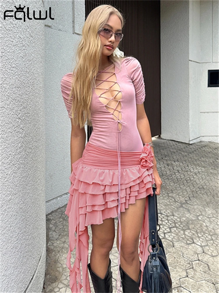 

Habbris Summer Y2K Flower Appliques Tassels Mini Dress Streetwear For Women 202 Sexy Hollow Out Bandage Irregular Tierred Dress