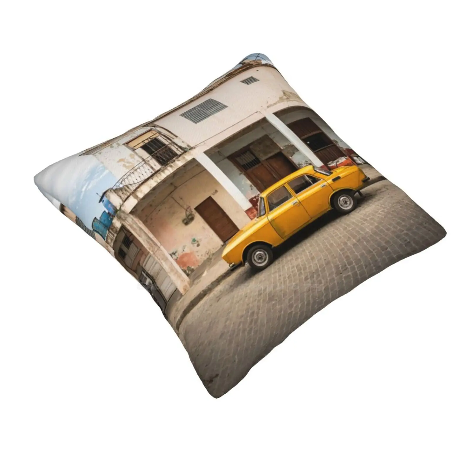 Bright Yellow Vintage Car In La Havana , Cuba. Pillowslip Pillowcase Street Car Moskvitch Lada Yellow Parking Parked Vintage