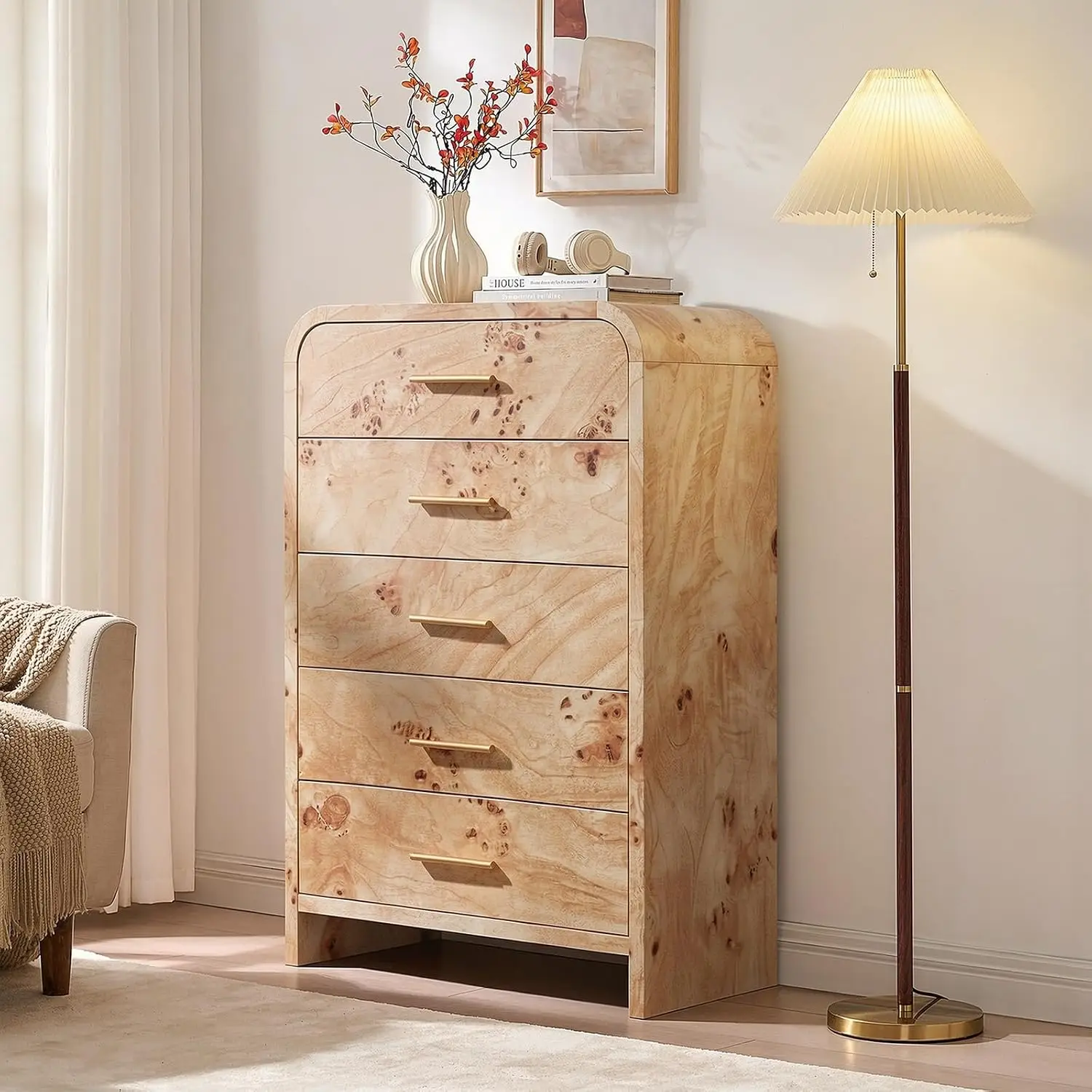 Curved Drawer Dresser for Bedroom with 5 Drawers, 31'' Wide Chest of Drawer