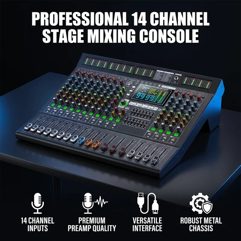 YAMNWEO MD14, mixer audio professionale a 14 canali per palcoscenico, con 99 effetti di riverbero DSP, doppio equalizzatore grafico a 7 bande, interfaccia USB e Bluetooth per mixer, ideale per