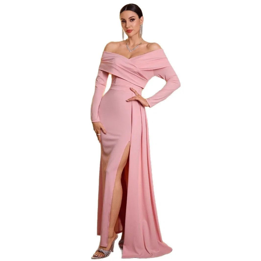 

Sexy Ruched V-neck High Split Off Shoulder Long Formal Evening Dress With Long Sleeves Pink