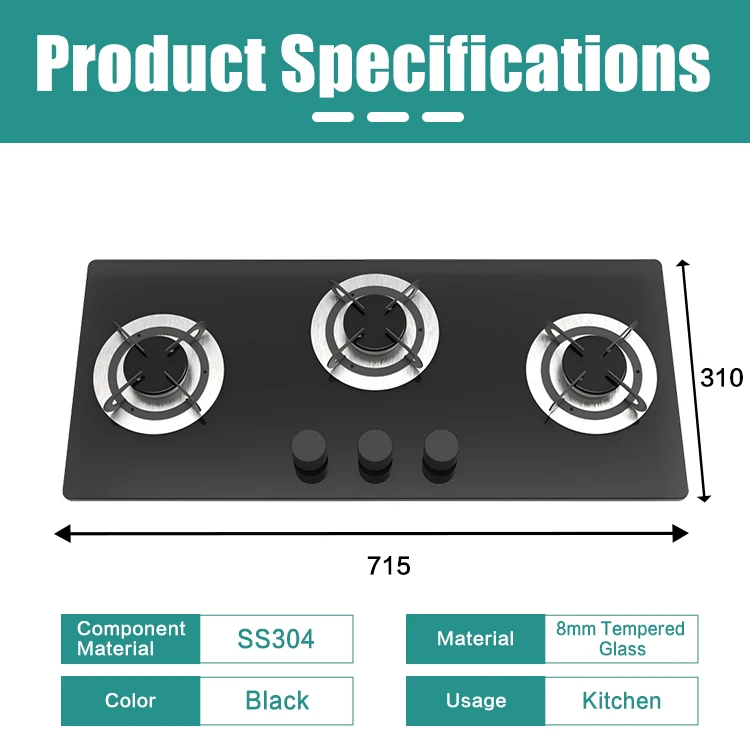 Multi-function 3 Burner RV Gas Stove Black Tempered Glass Built-in Camper Cooktop for RV Caravan Camper Mobile Kitchen
