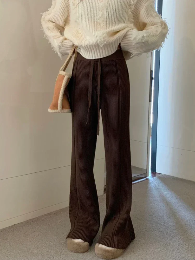 Knitted Flared Pants for Women Casual Fashion Thickened Warm White Pants Cashmere Solid Loose Autumn/Winter New Woman Trousers