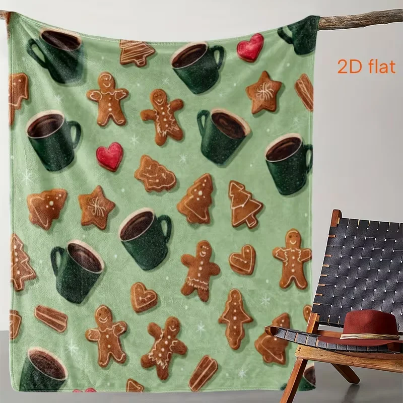 Gingerbread Man Hot Cocoa Xmas Throw Blanket Green Base Christmas Cookie Print Soft Sofa Bed Holiday Decor Blanket