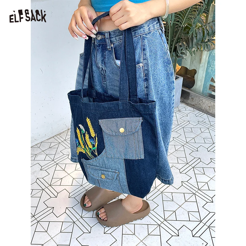 

ELFSACK 2025, осеннее новое поступление, повседневная дизайнерская джинсовая сумка-тоут с несколькими карманами и вышивкой из пшеницы для женщин