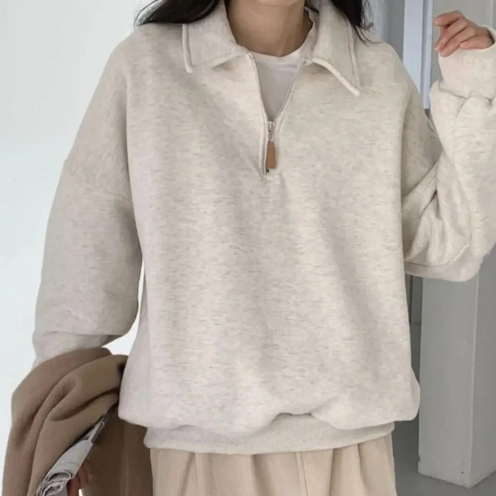 เสื้อฮู้ดแขนยาวคอสูงครึ่งตัวแบบเรียบง่าย มีซิป ทรงหลวม สไตล์เกาหลี สำหรับผู้หญิง ฤดูใบไม้ร่วง/ฤดูหนาว