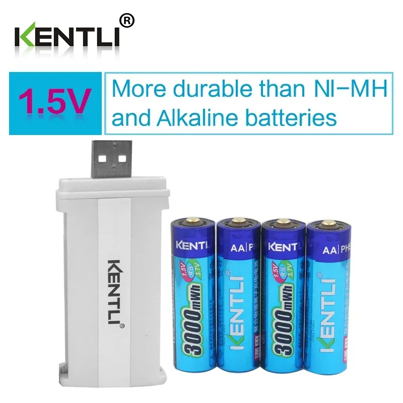 Imagem -04 - Kentli-bateria Recarregável de Lítio Li-polímero Li-ion Carregador Usb Smart 1.5v 3000mwh Baixa Descarga Automática Unidades