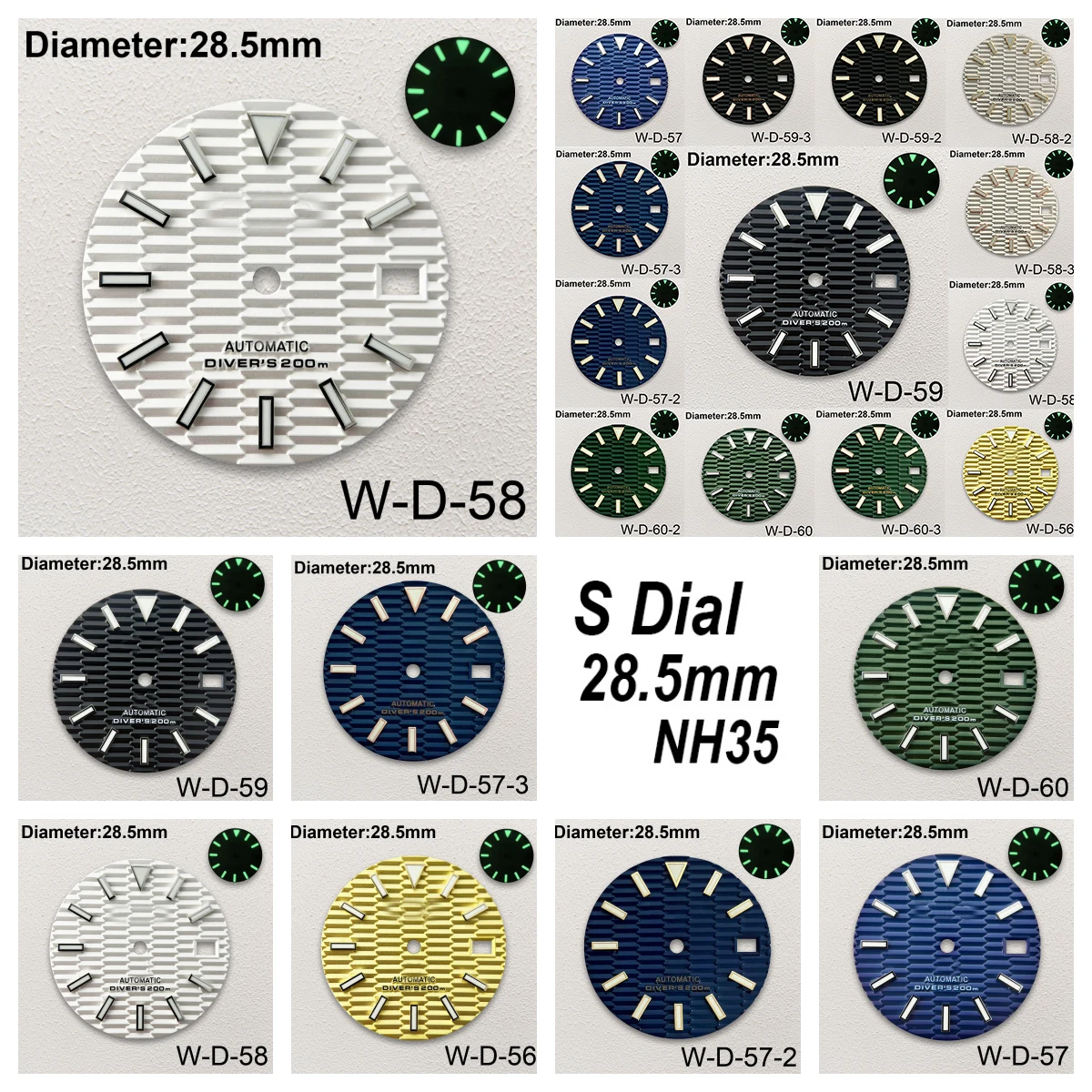 28.5mm S Logo SKX007 Slope Dial Fit NH35/NH36/4R/7S Japanese Movement Green Luminous High-Quality Watch Modification Accessories
