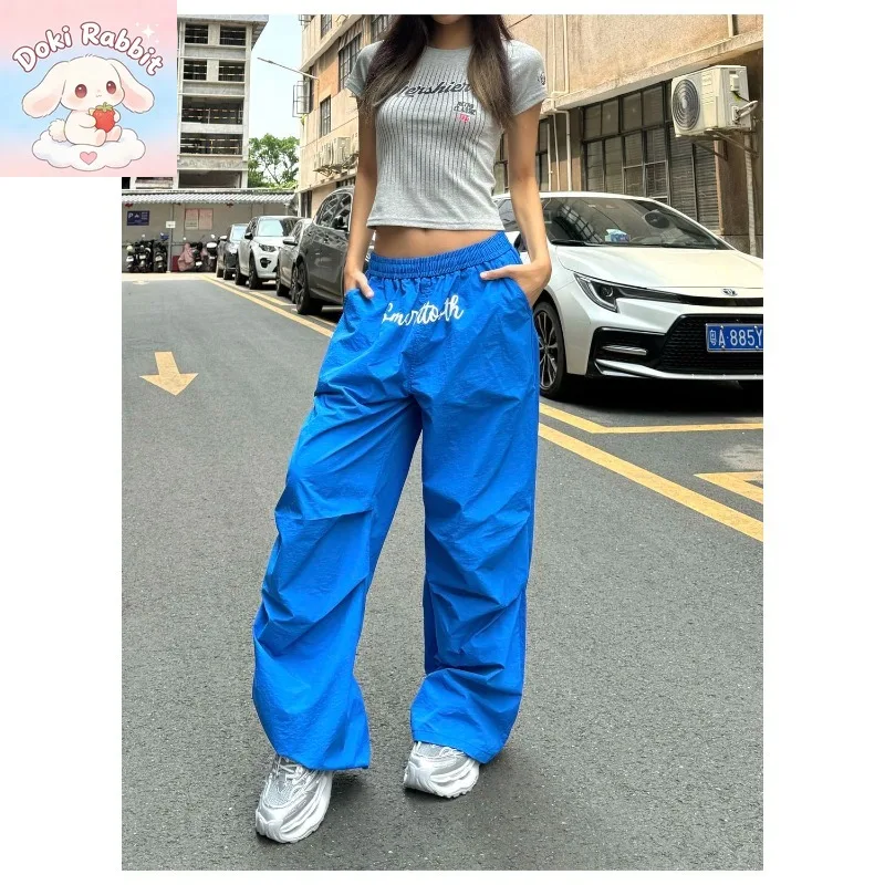 Autumn American Retro New Letter Print Blue Wide Leg Pants Women  Loose Smooth Laid-back Floor-length 2026 Y2k Retro Style Pants