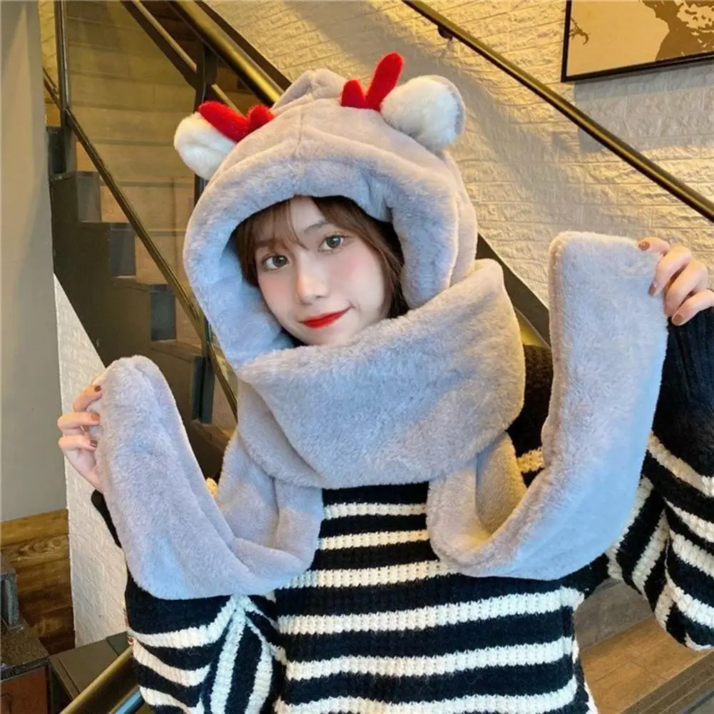 

Women Warm Thick Plush Hat Super Soft Elastic Bear Ear Hat Scarf Ultra-thick Deer Antler Design Warm Hat Winter Accessories