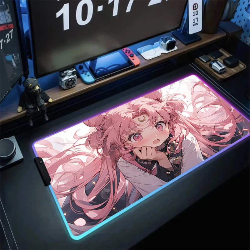 Rgb Pink Mousepad 900x400 Led Lighting Kawaii Office Carpet Xxl Anime Girls Accessories Dask Table Mats HD Print Cute Mouse Pad