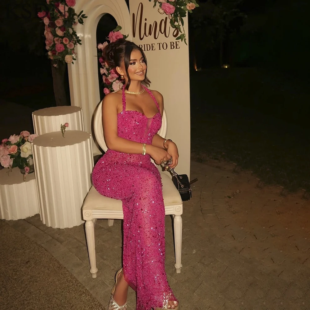 KSDN Glitter Evening Dresses Sexy Halter Floor Length Sleeveless Gowns Special Occasion Customzied Dress Formal Mermaid Vestidos