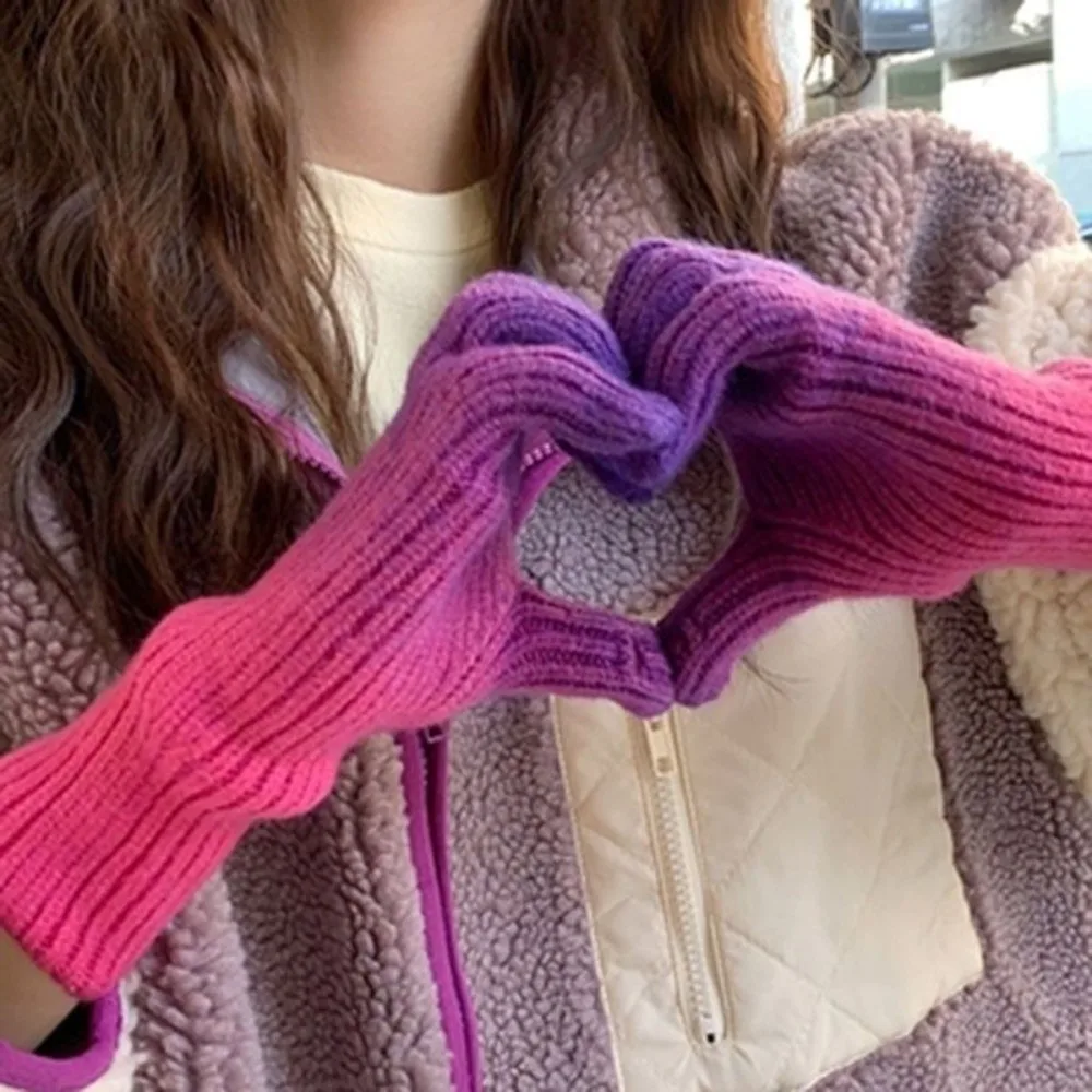 Fashion Gradient Winter Gloves Thick Windproof Touchscreen Gloves Fingertip Openings Soft Knit Gloves For Women Men