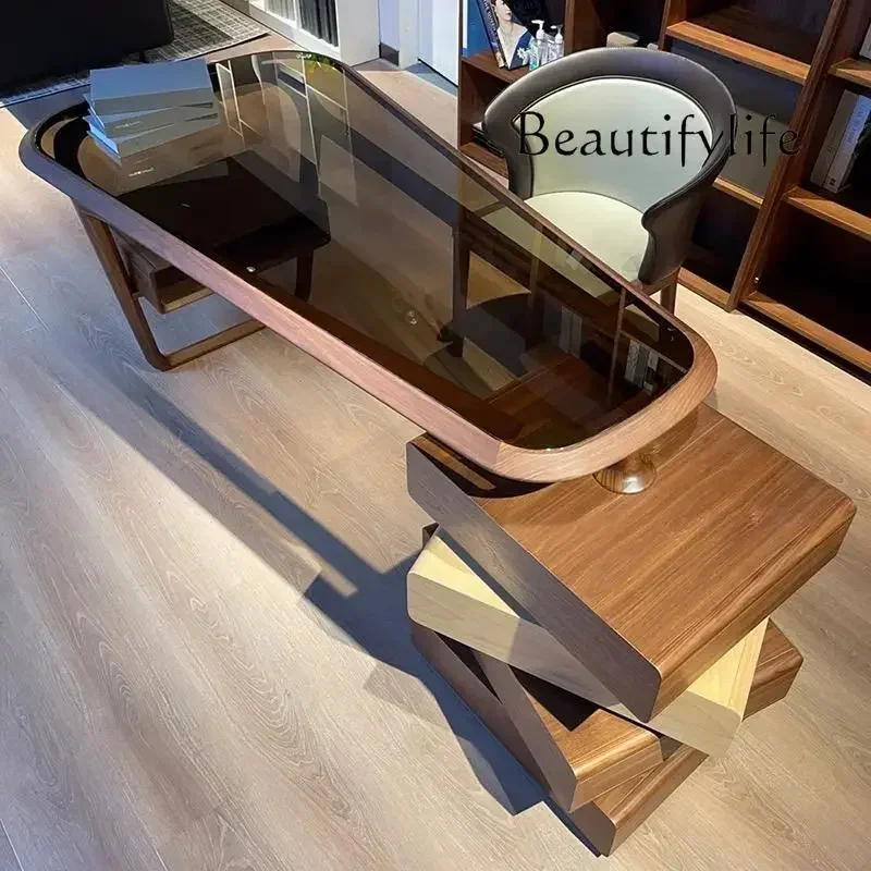 BJ F Modern Simple Solid Wood Desk North American Black Walnut Tempered Glass Designer Desk Writing Desk