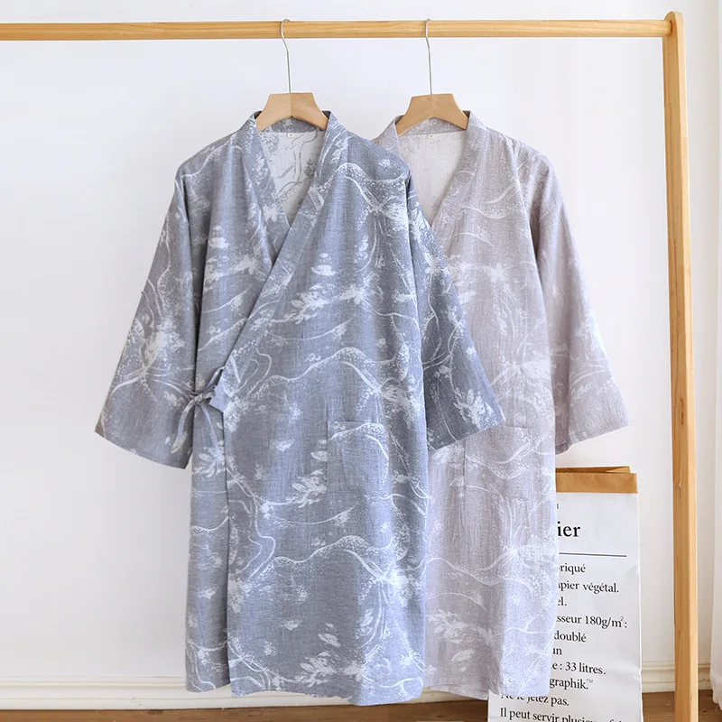 

Men's Printed Ink Kimono Loose Comfortable Cotton Nightgown Breathable Casual Long Robes Spring Autumn Home Wear Nightwear