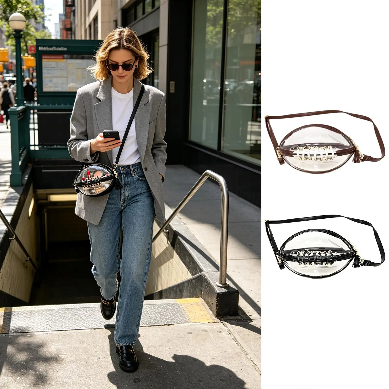 Waterproof Clear Football Purse Fashion Womens Handbag Football Shoulder Bag for Travel Festival Sports Stadium Events Concert